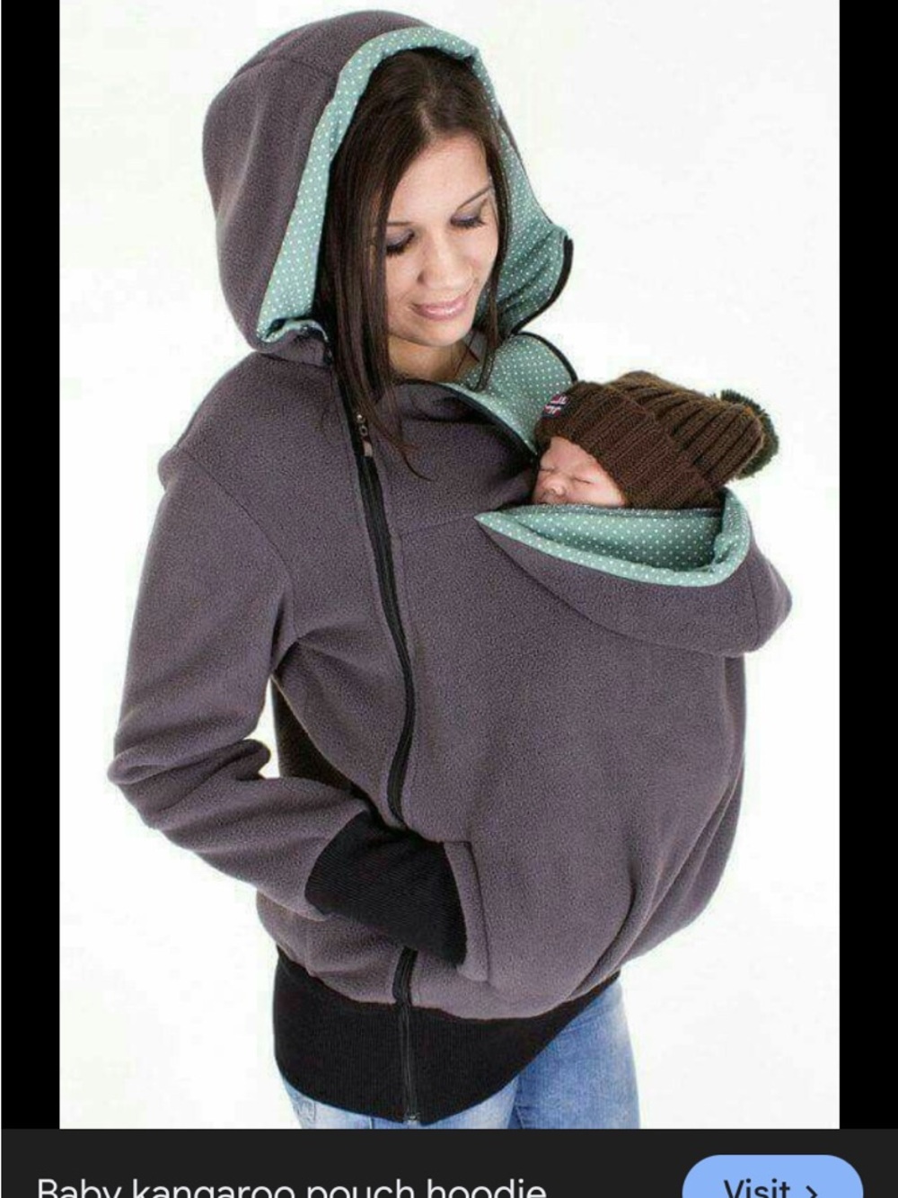 NEW Gray Hooded Fleece Kangaroo Pouch Hoodie shirt Jacket w/ Green / dot Lining